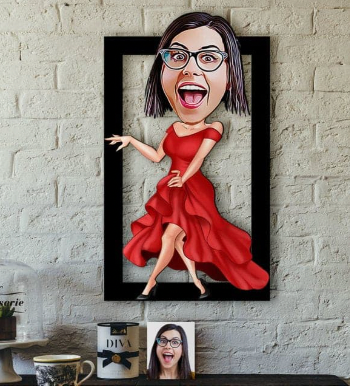 Personalisiertes 3D Cartoon Wandbild - Frau im Kleid