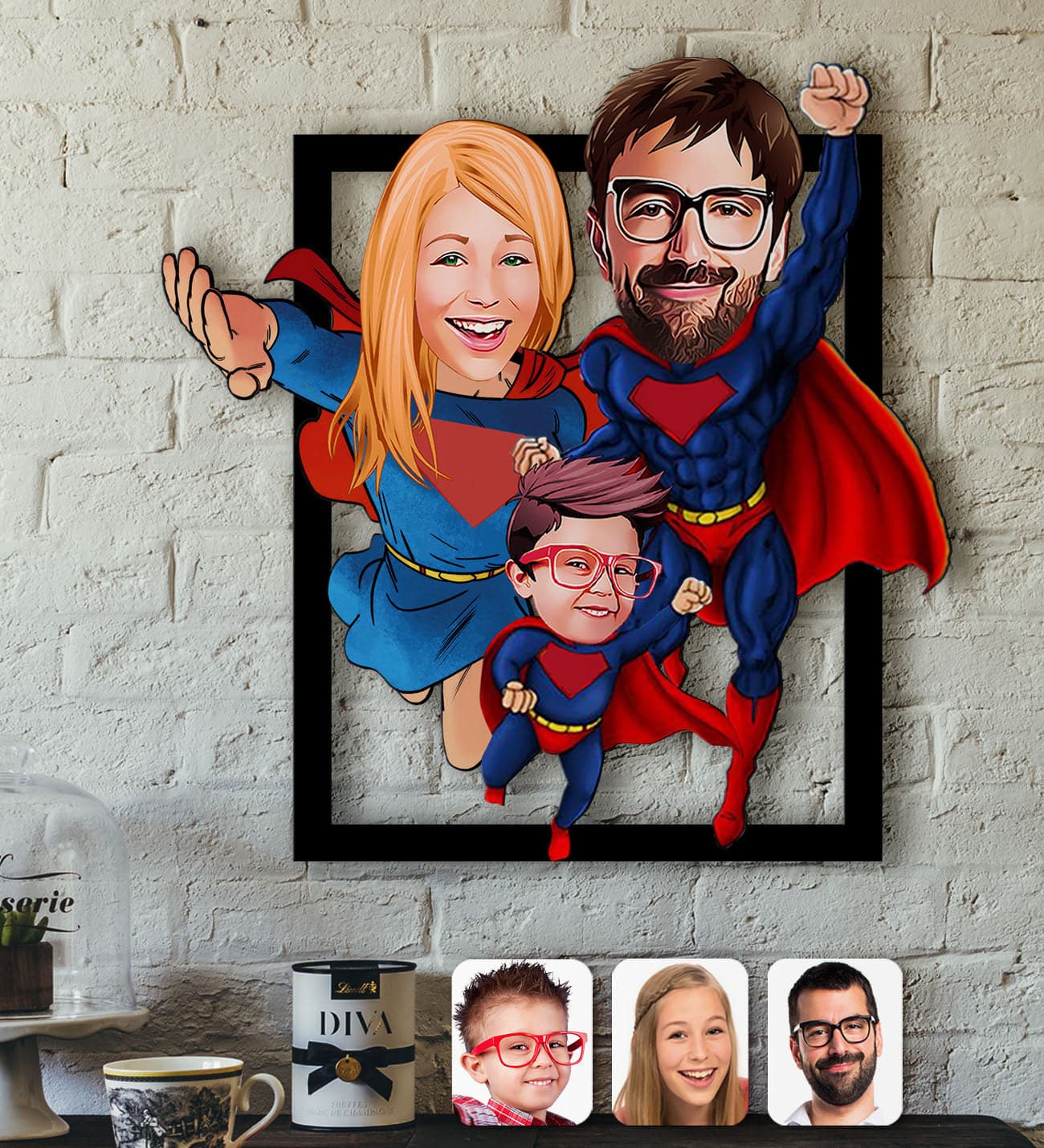 Personalisiertes 3D Cartoon Wandbild - Superhelden Familie mit 3 Personen