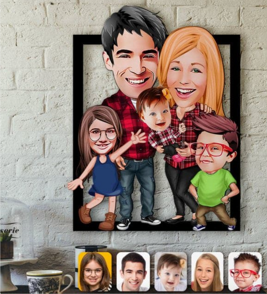 Personalisiertes 3D Cartoon Wandbild - Familie mit 5 Personen