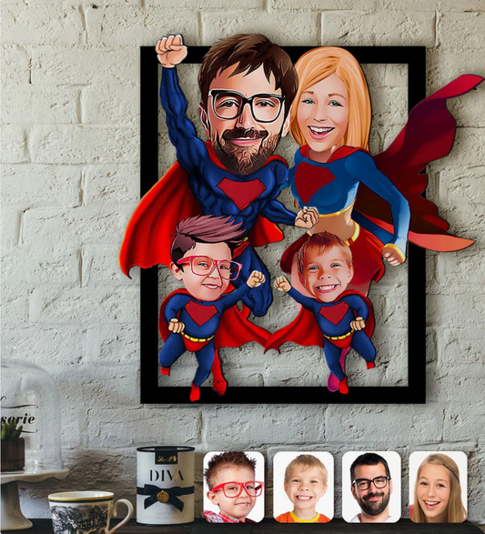 Personalisiertes 3D Cartoon Wandbild - Superhelden Familie mit 4 Personen