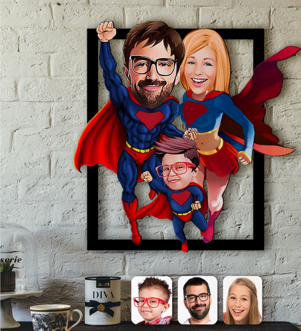 Personalisiertes 3D Cartoon Wandbild - Superhelden Familie mit 3 Personen