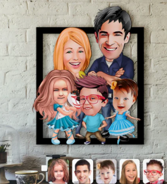 Personalisiertes 3D Cartoon Wandbild - Familie mit 5 Personen