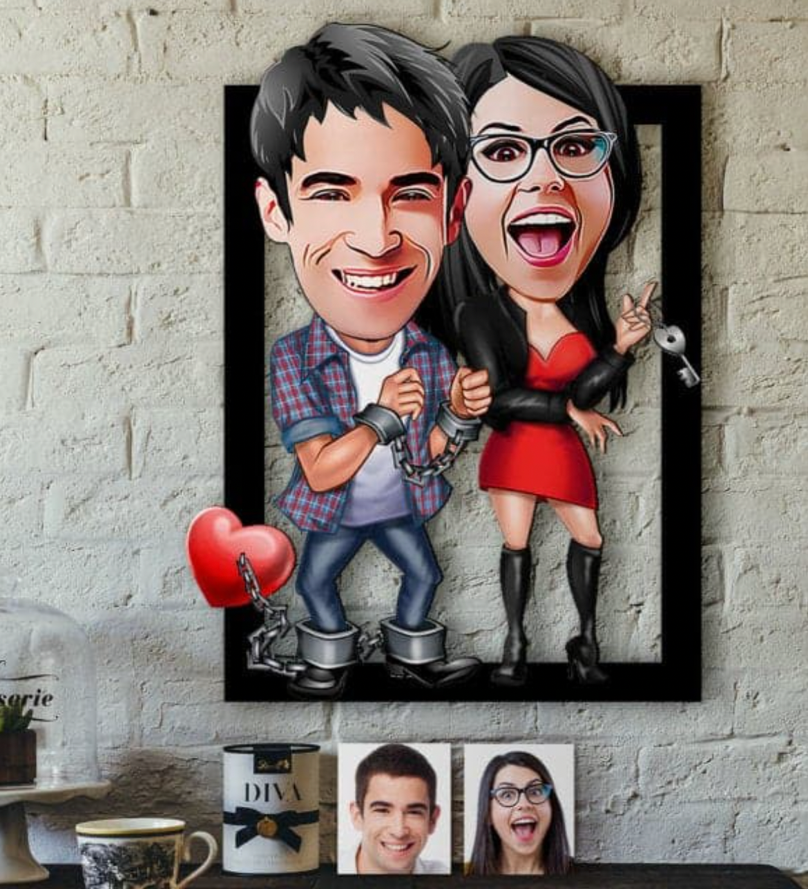 Personalisiertes 3D Cartoon Wandbild - Paar mit Handschellen