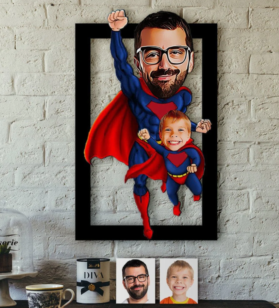 Personalisiertes 3D Cartoon Wandbild - Superhelden Mann/Frau und Kind