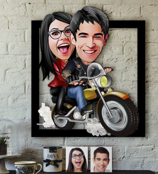 Personalisiertes 3D Cartoon Wandbild - Paar auf Motorrad