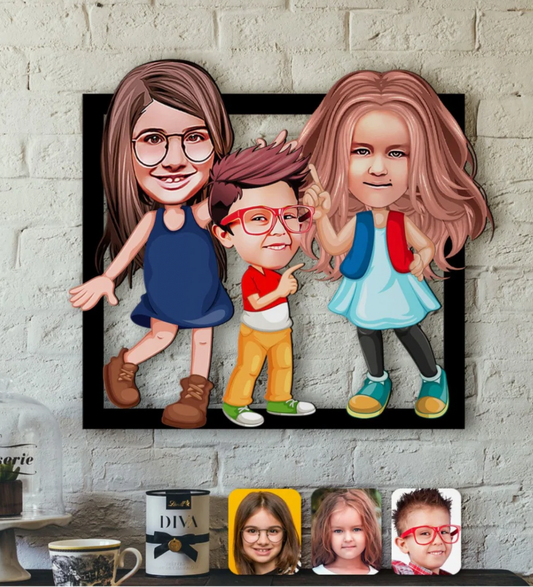 Personalisiertes 3D Cartoon Wandbild - 3 Geschwister/Freunde