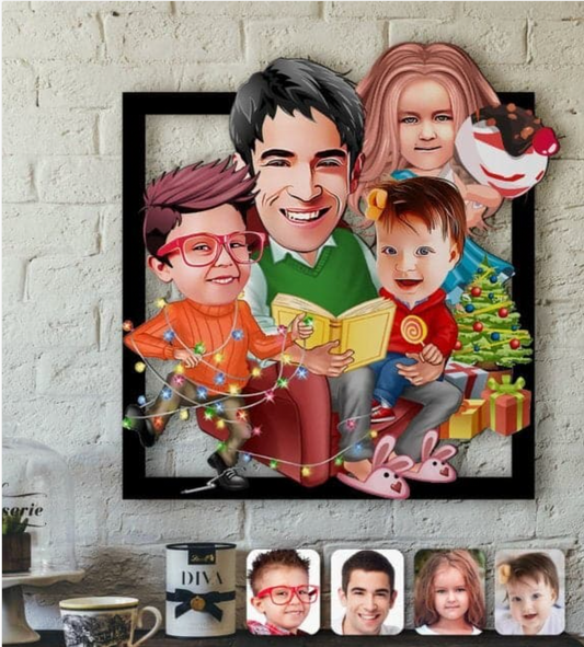 Personalisiertes 3D Cartoon Wandbild - Familie an Weihnachten mit 4 Personen