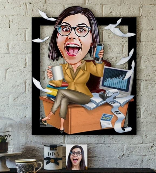 Personalisiertes 3D Cartoon Wandbild - Frau im Büro