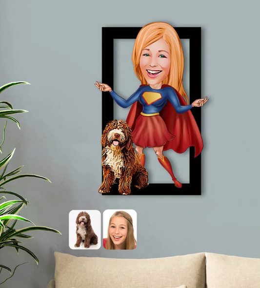 Personalisiertes 3D Cartoon Wandbild - Superfrau mit Hund