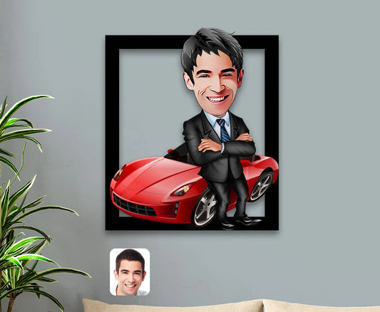 Personalisiertes 3D Cartoon Wandbild - Mann mit Sportauto